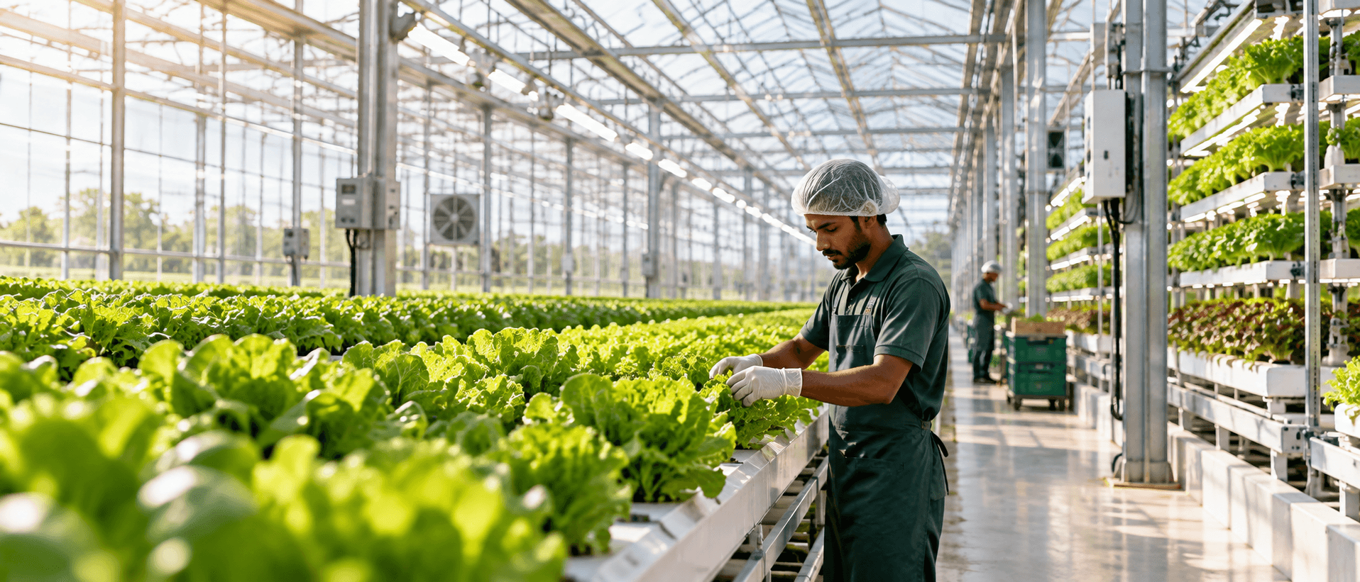 Grower checking lettuce in a hydroponic greenhouse