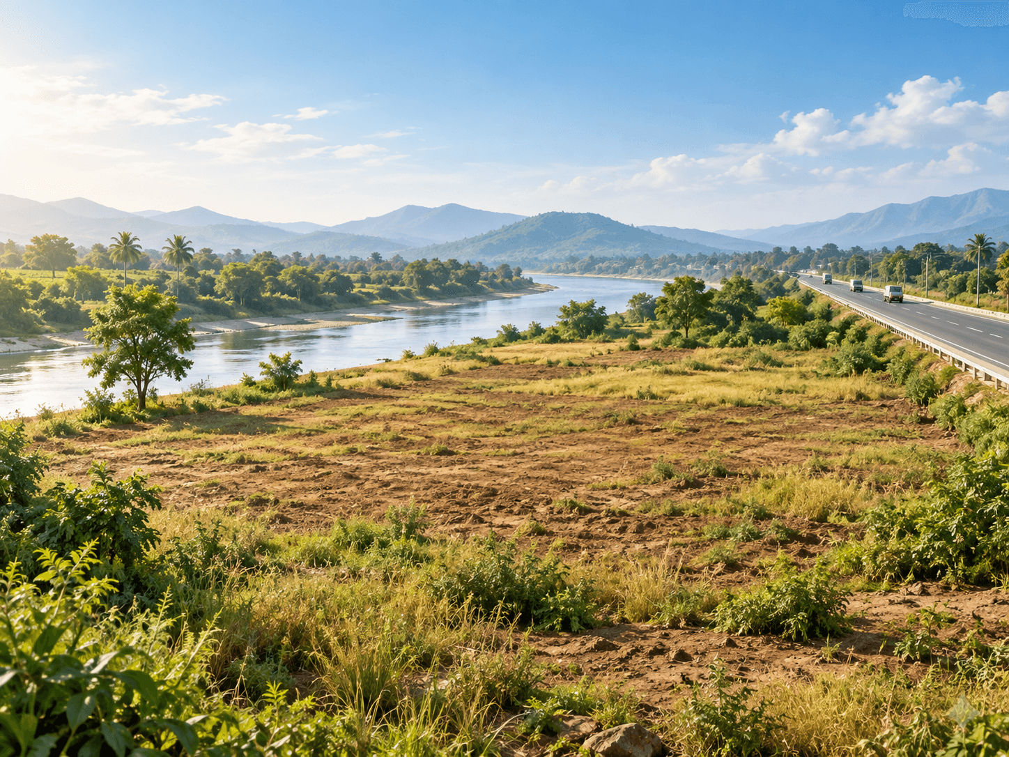Idle land between a river and a highway
